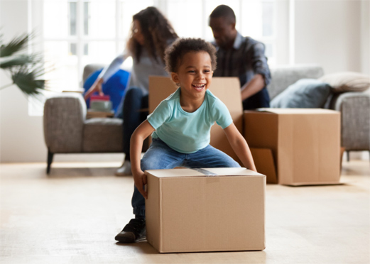 child playing with moving box